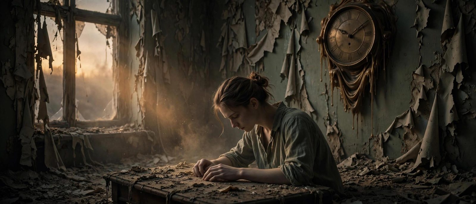A woman writing at a desk beside a clock that is losing its shape.