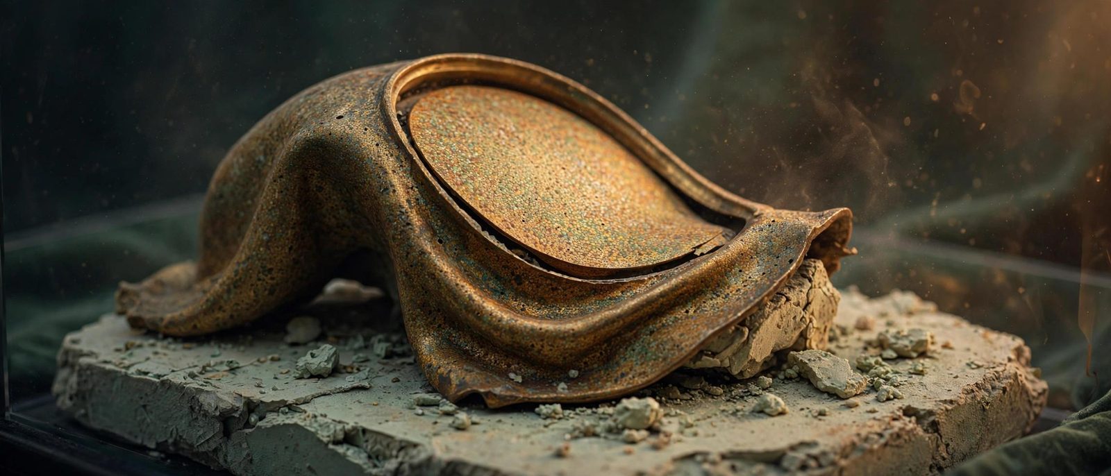 A warped metal form on a stone block, kept like a specimen.