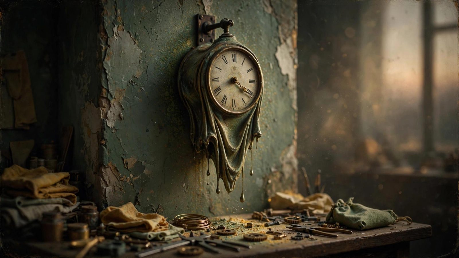 A green, oxidized clock above a bench of tools.