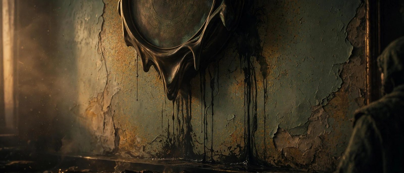 A dark metal clock dripping, close enough to see the seam fail.
