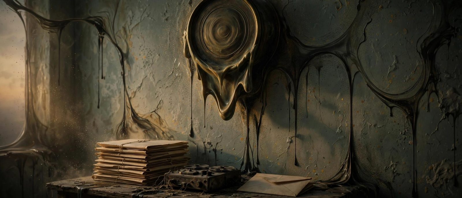 A vortex of a melted clock above papers and a small recorder.