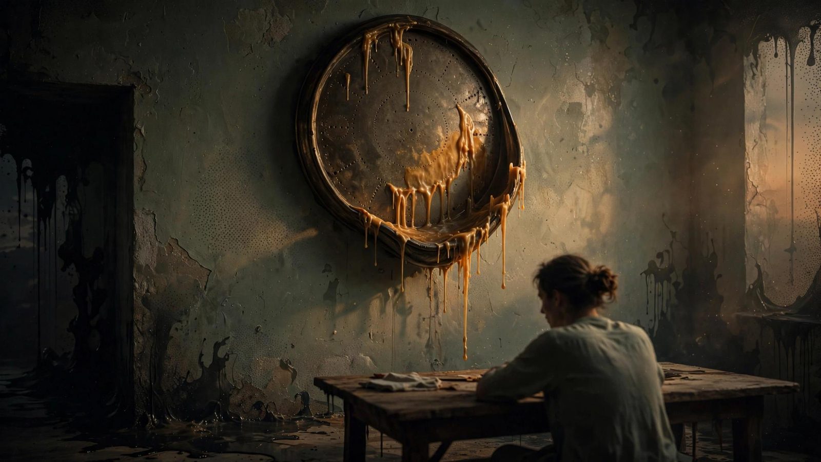 A large clock melting on the wall above a person seated at a table.