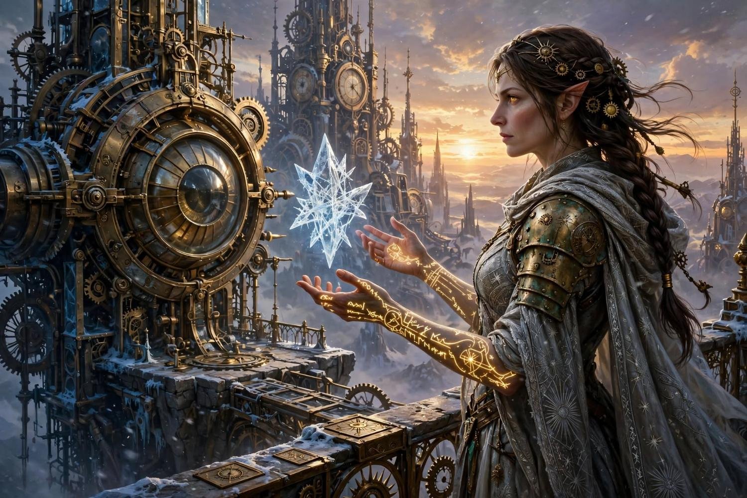 Vanea the Sun-Keeper before the ocular, runes along her hands