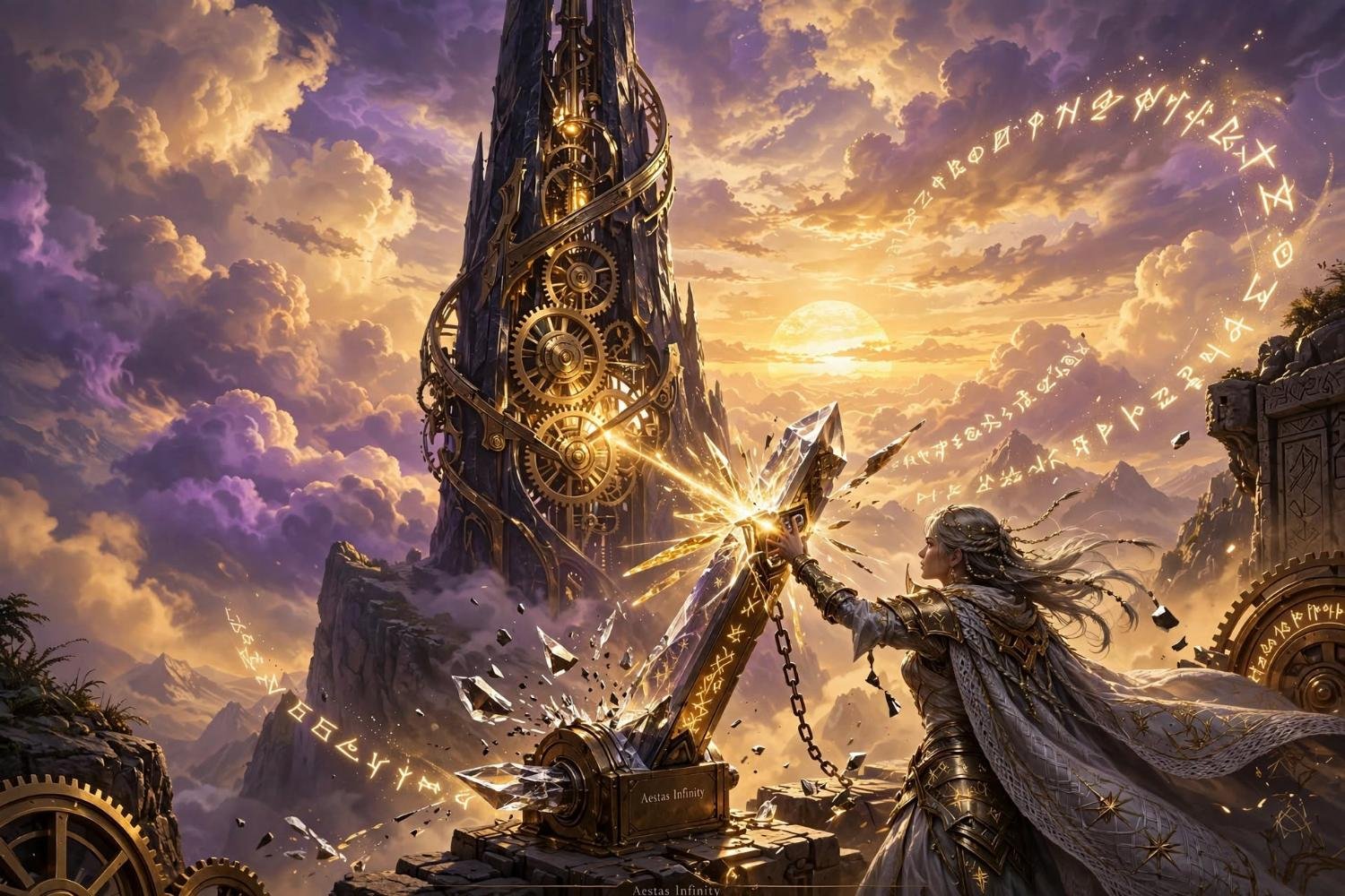 The obsidian and brass spire locked in a permanent sunset