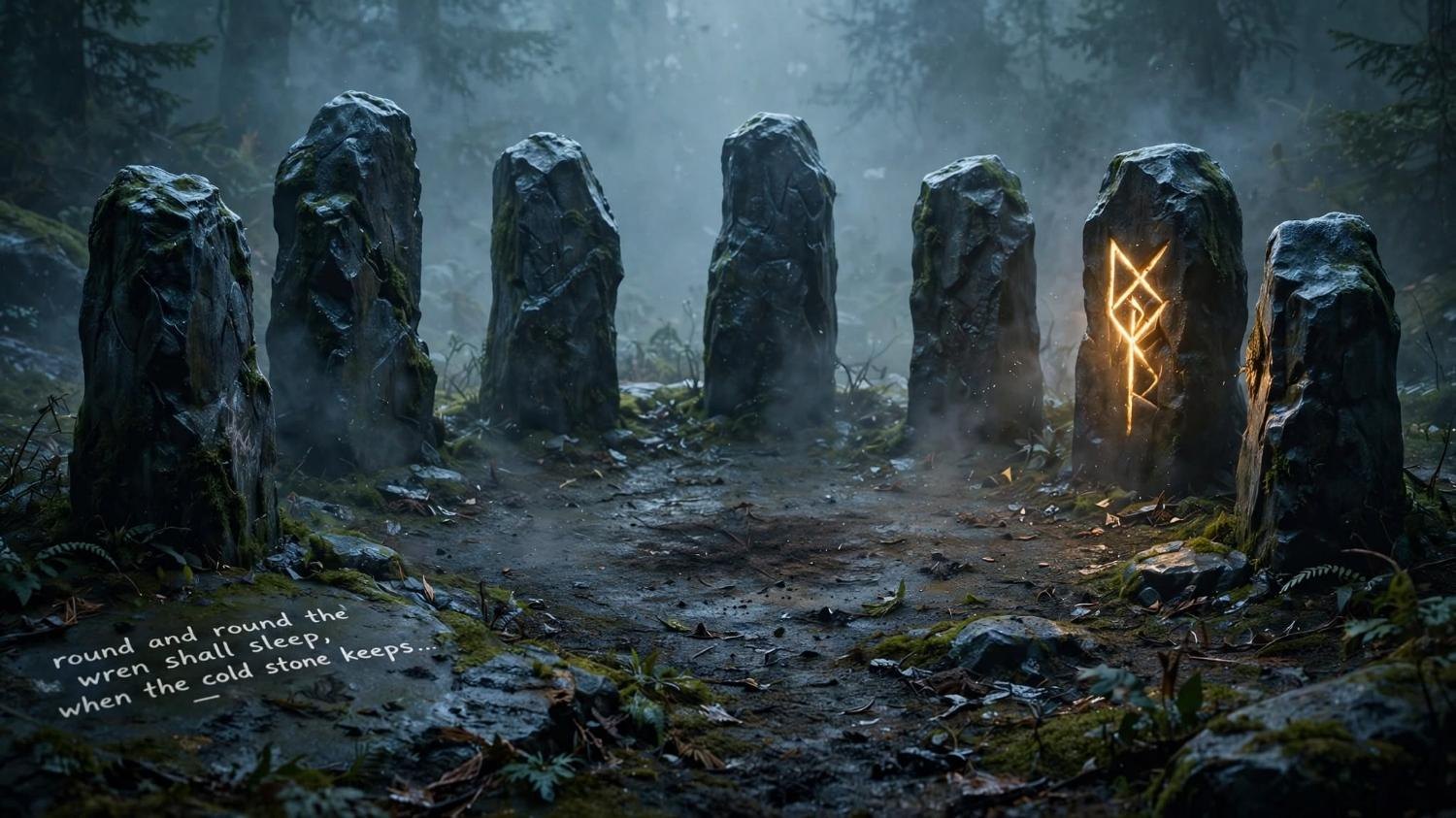 The circle empty. One rune still lit. A child's unfinished rhyme on the stone.