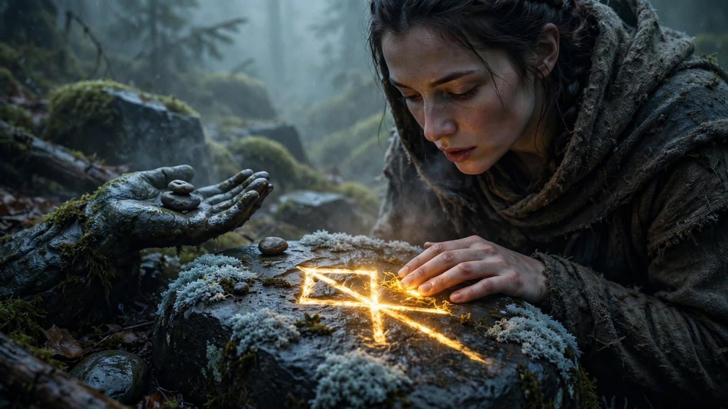 She counts with her fingers. A stone hand offers three small stones back.