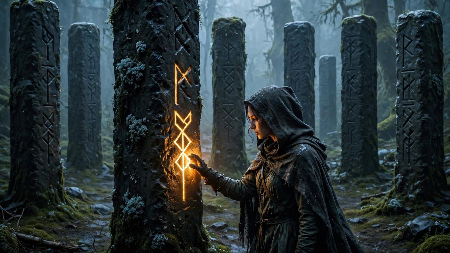 A hooded woman sets her palm on a rune burning through moss, in a circle of pillars.