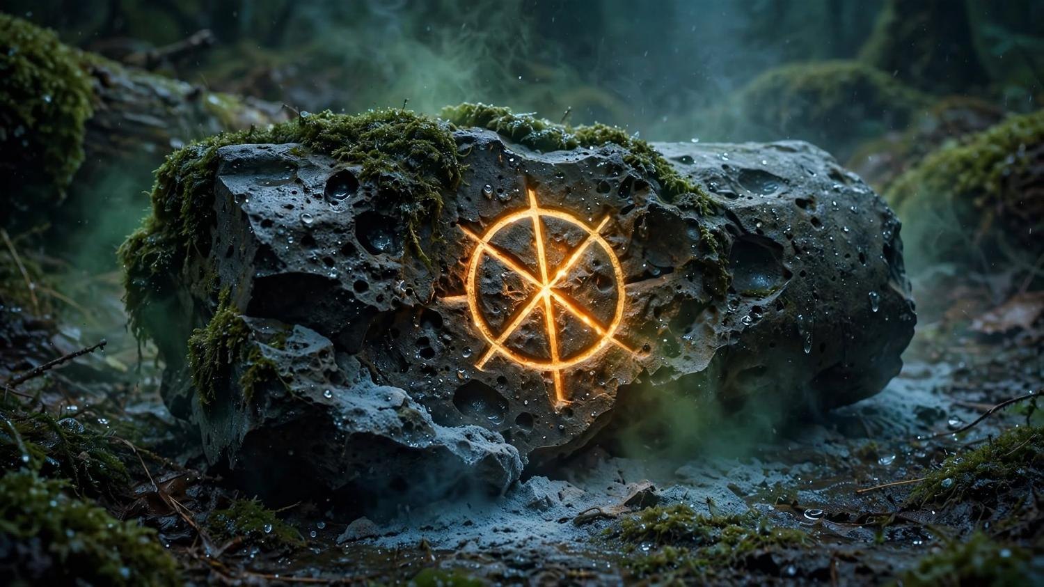 A wet stone taken from the circle, the golden rune still burning in it.