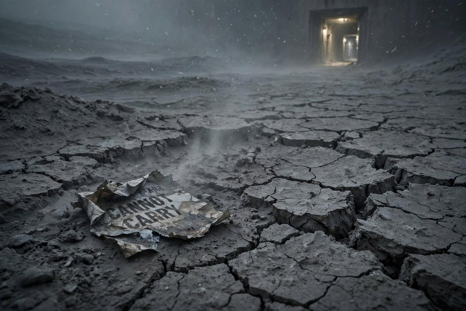 Cracked ground, a scrap in the mud, a lit corridor nobody walks toward