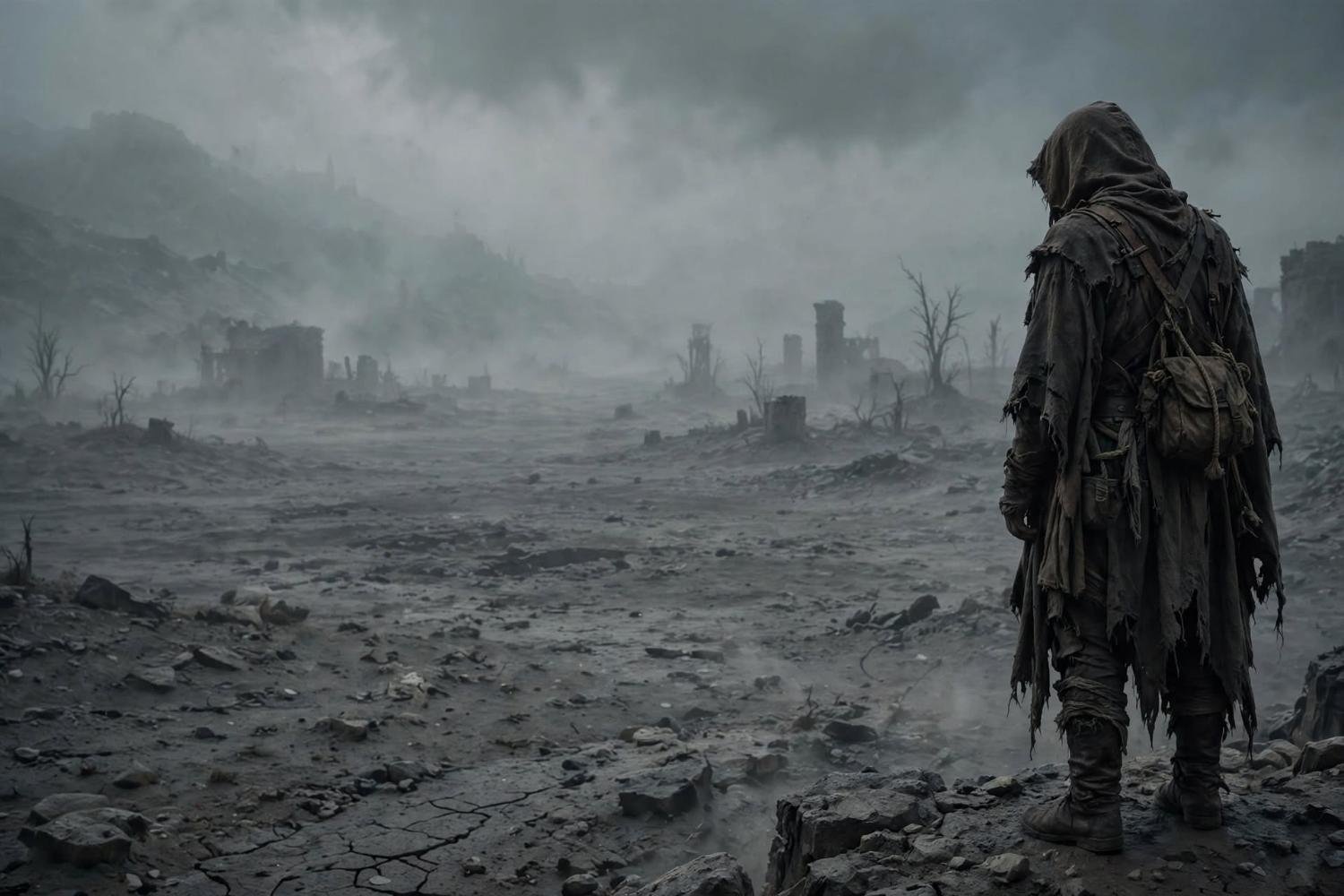 One survivor stopped on the ridge above what is left of a city