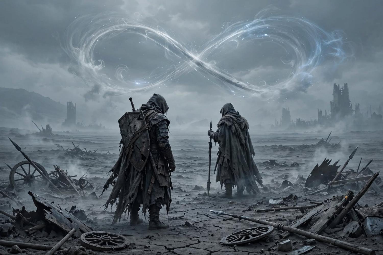 Two figures in a grey waste, an infinity held in the sky