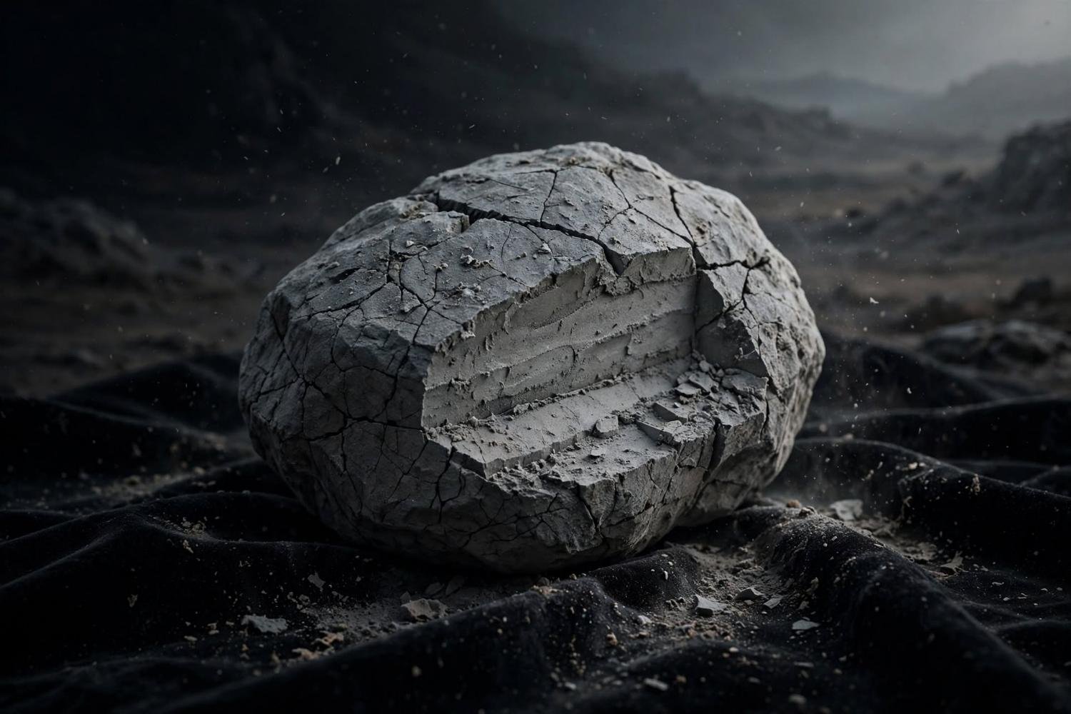 A split grey stone, dust still in the cracks