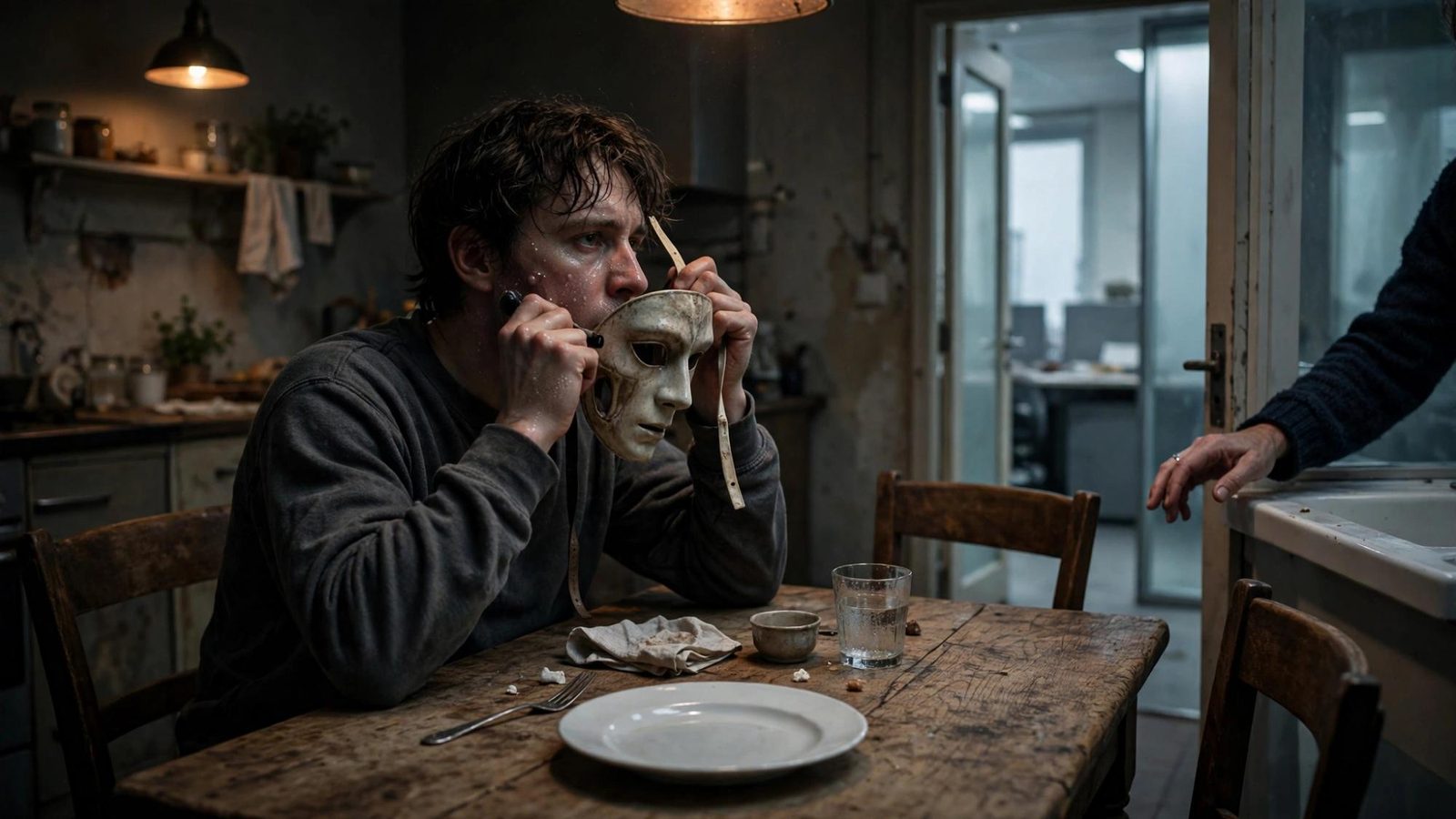 Morning in a kitchen that is also an office. The mask is lifted with both hands. The plate is still empty.