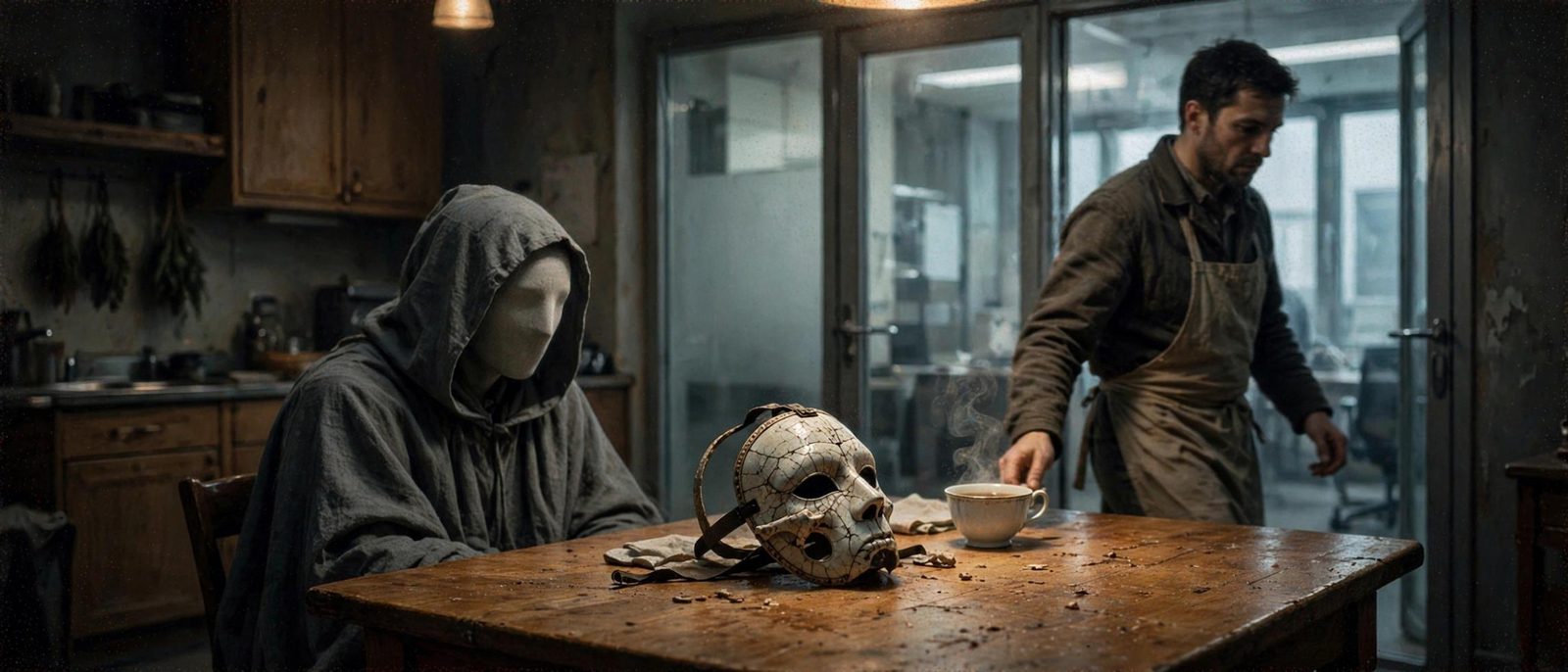 A hooded figure at a kitchen table, a mask between the plates, a man passing the glass.