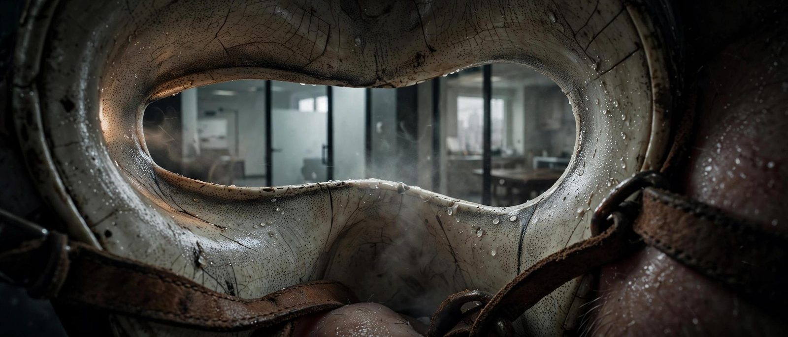 The corridor seen through the eye-slit of the mask, the room reduced to that opening.