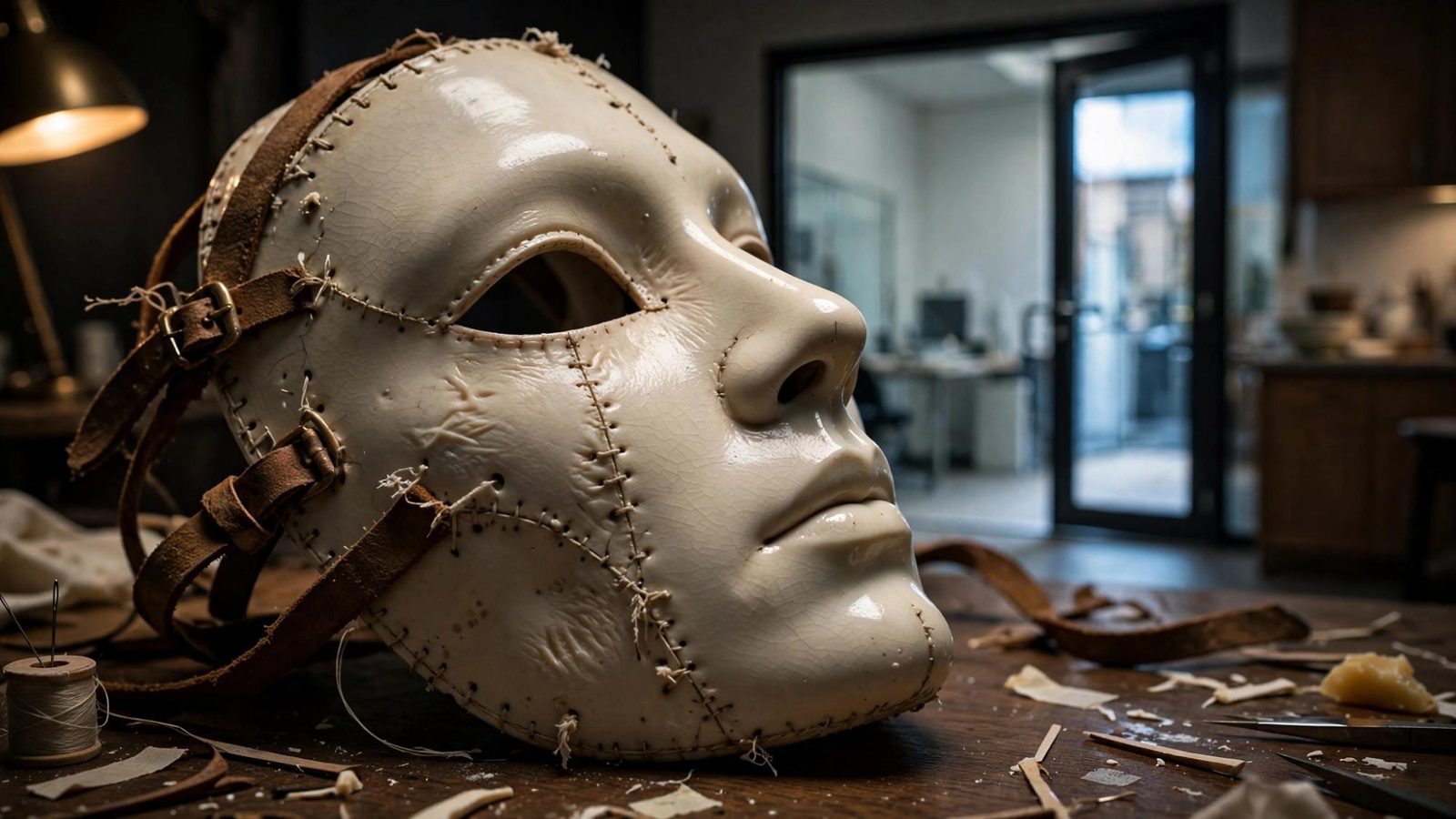 A stitched mask on a workbench, thread and tools still beside the seam.