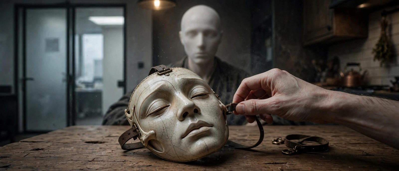 A hand settling a strap on a mask that already has a face.