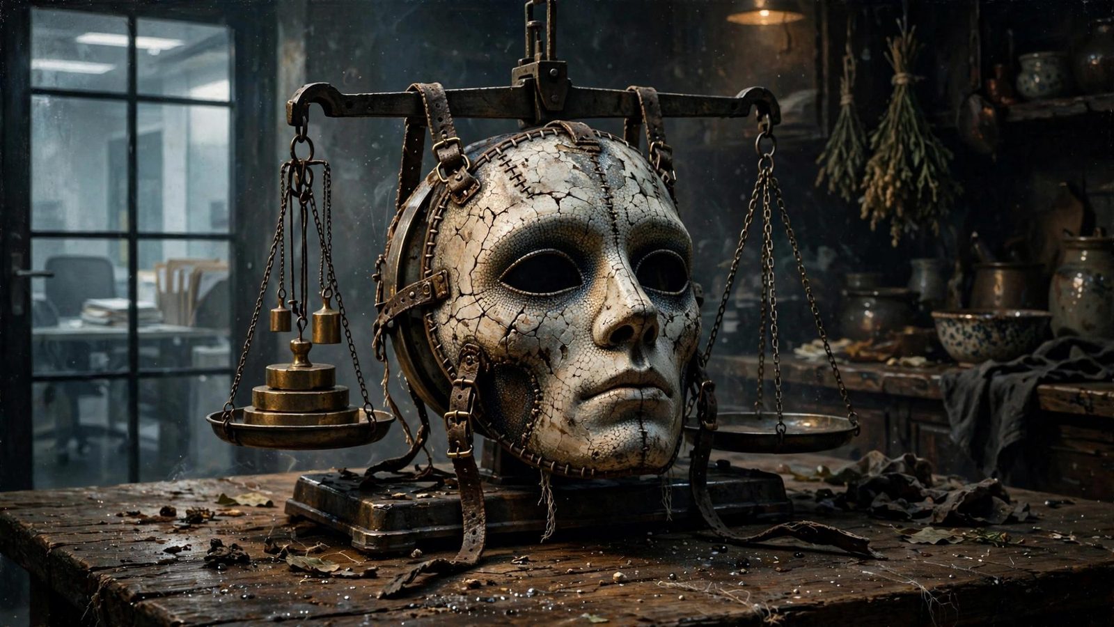 A mask weighed on a scale among tools, the shell heavier than it looks.