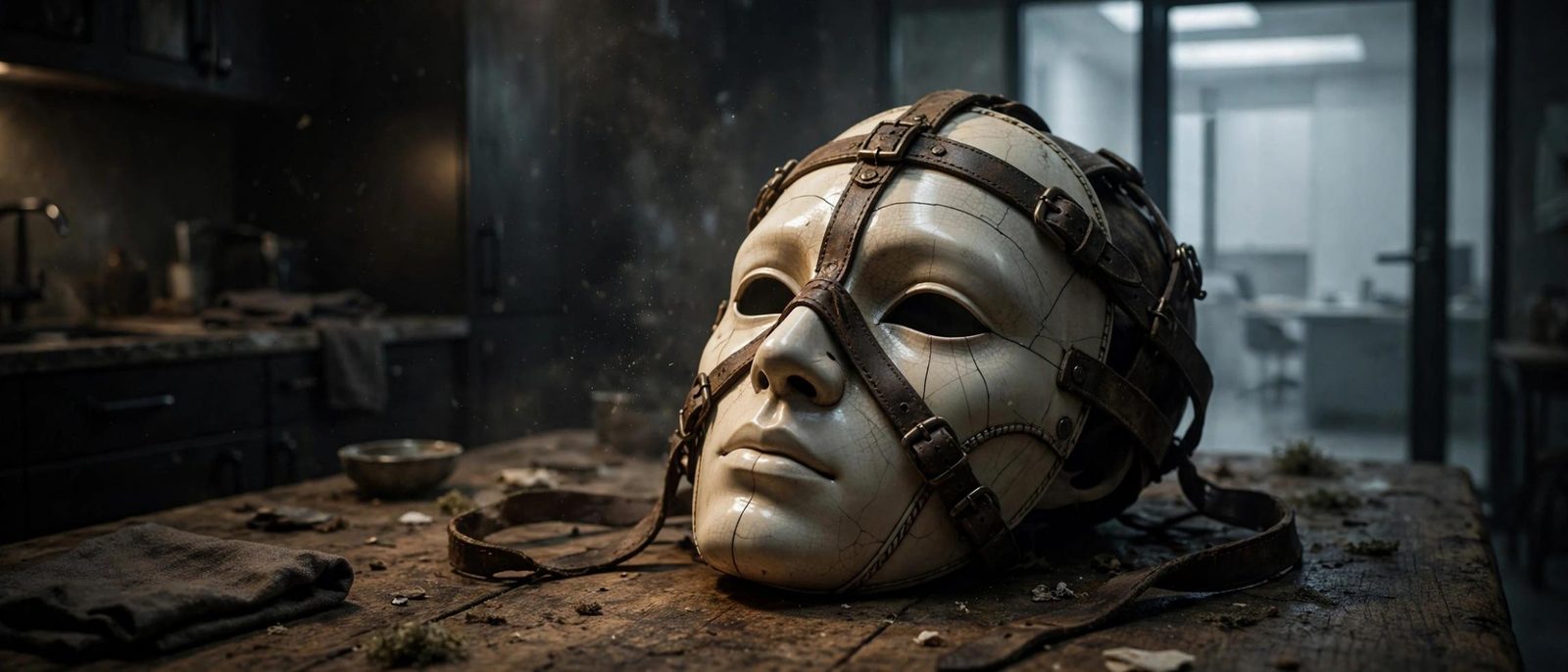 Leather straps crossed over a pale mask, the harness of a public face.