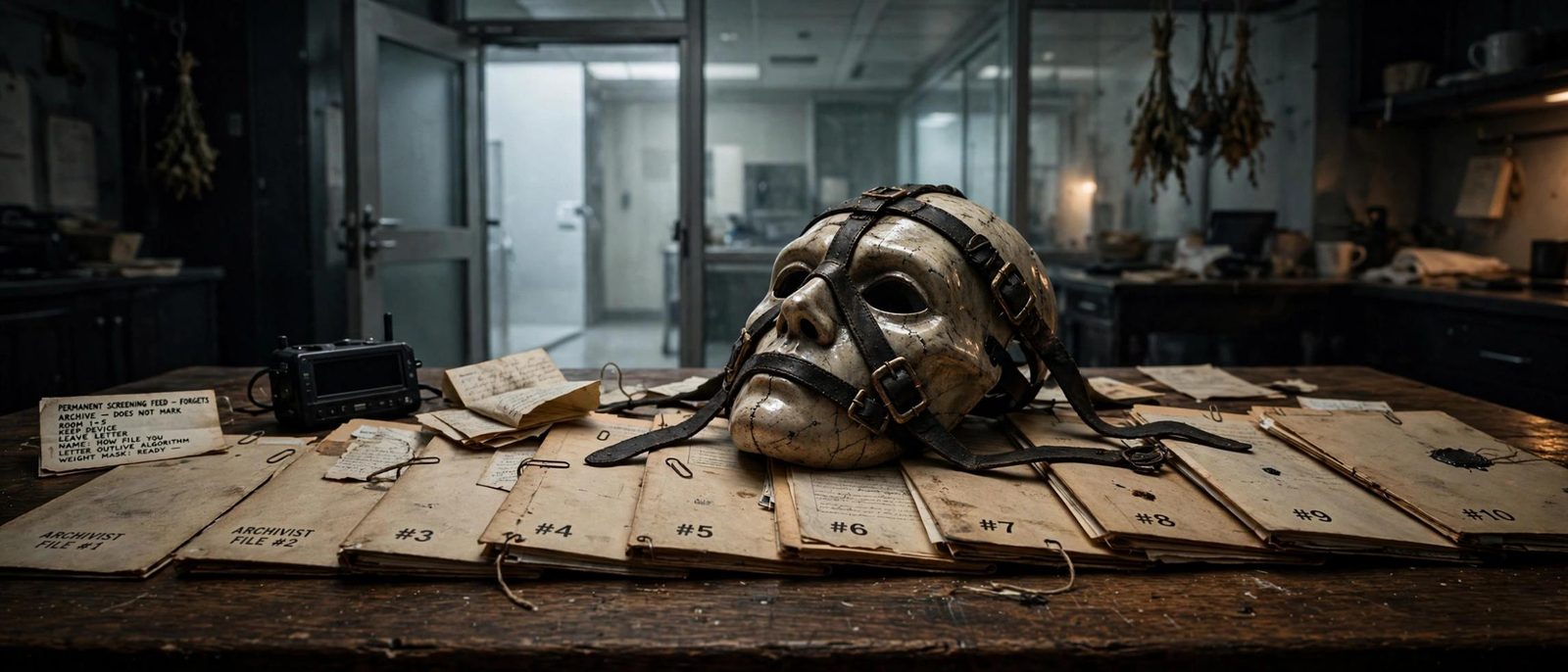 A masked skull laid on a row of files, as if the office had filed the face.