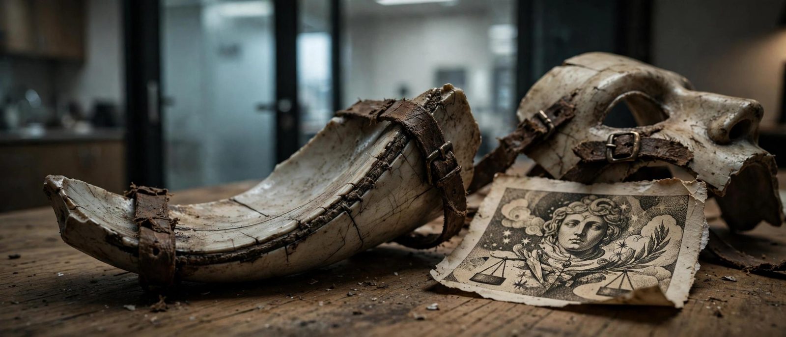 A broken shell and a drawing of a mask, left on the bench after the wearing.