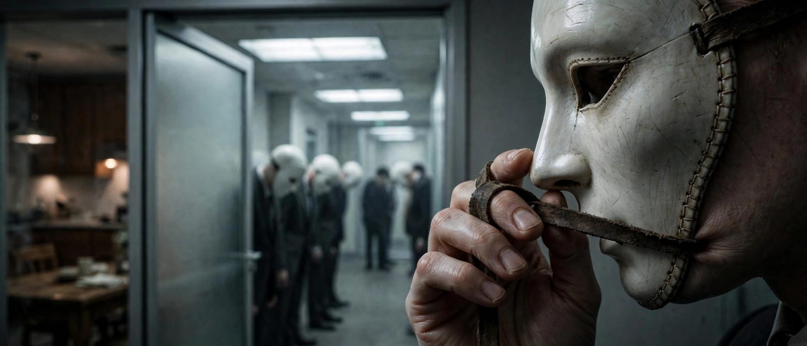 A figure in an office corridor, tightening the straps of a pale mask before the glass door.