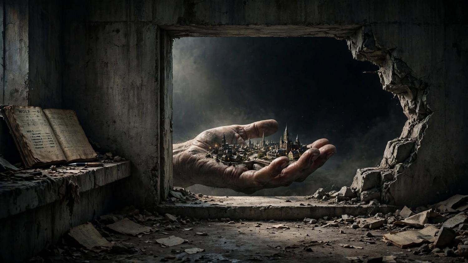 A hand holding a city small enough to close. The wall is only an opening.