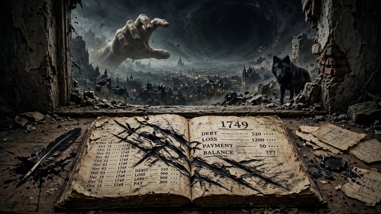 A clawed ledger open on 1749. A wolf in the breach. A hand over the city.