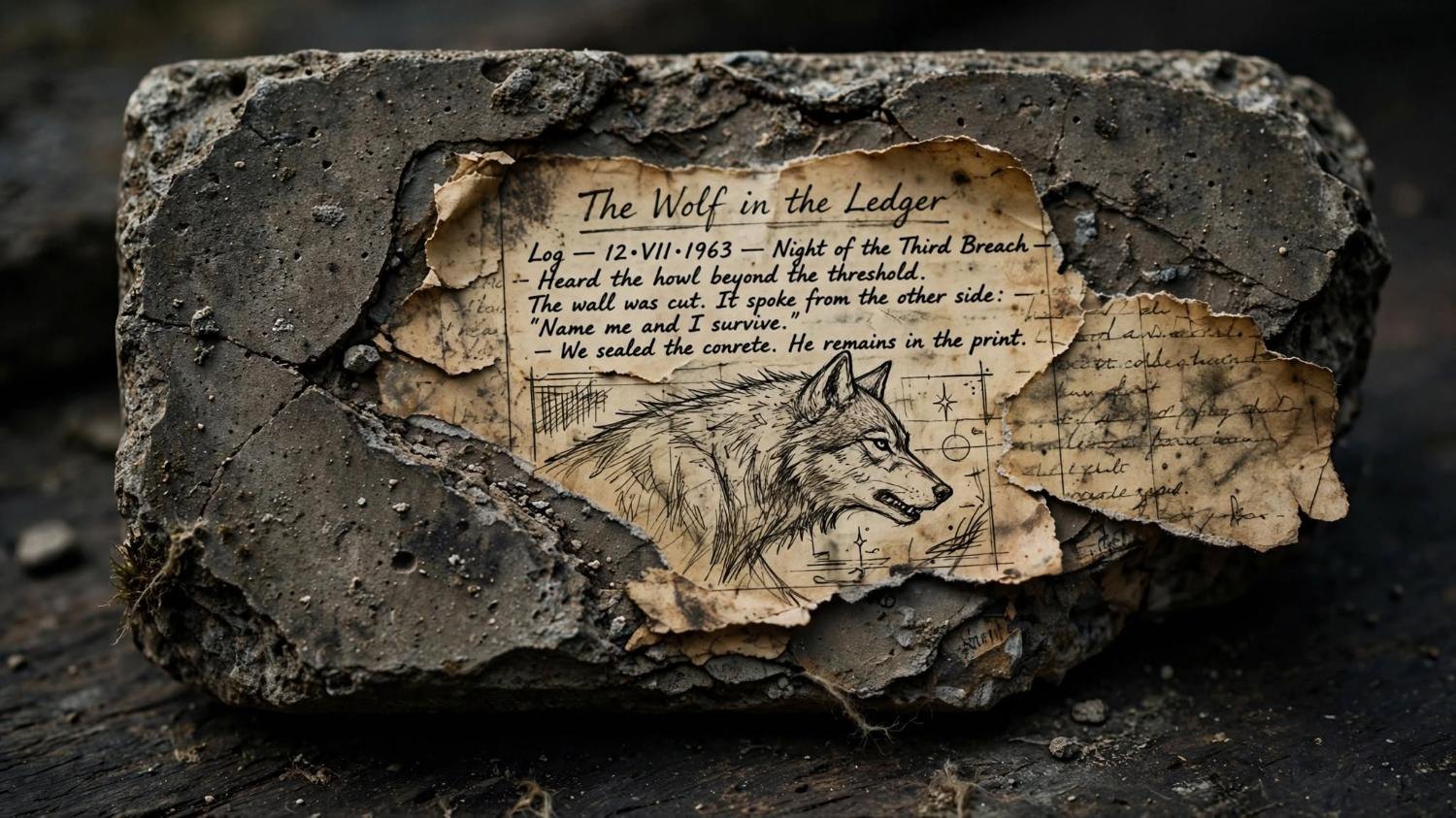 A block of the wall with the torn log pressed into the concrete.