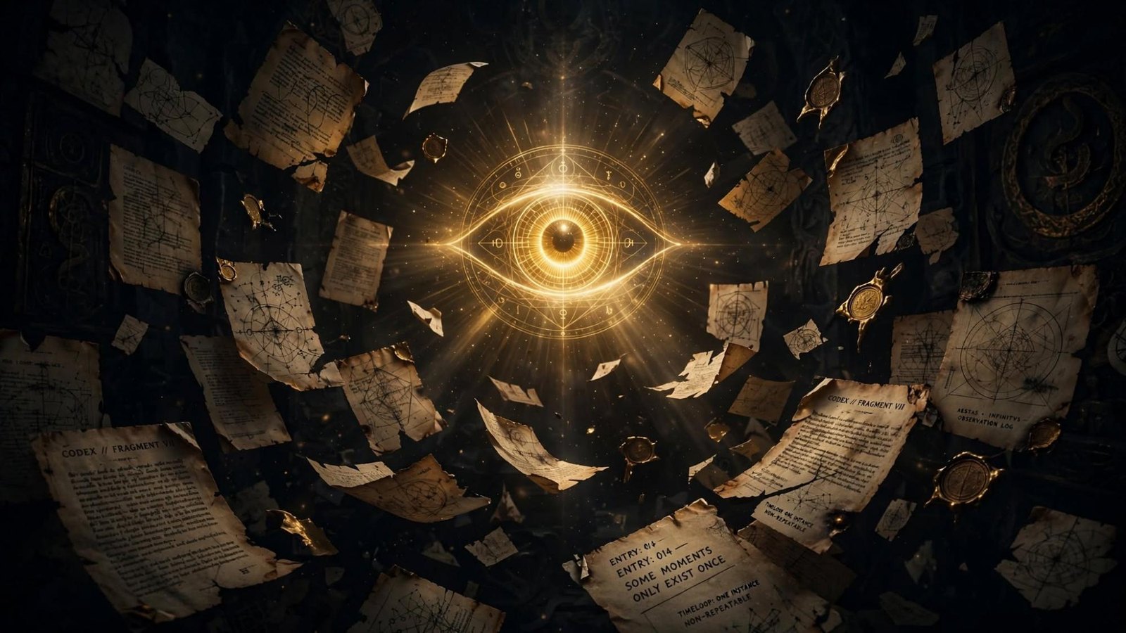 An eye, and papers that have left the page.