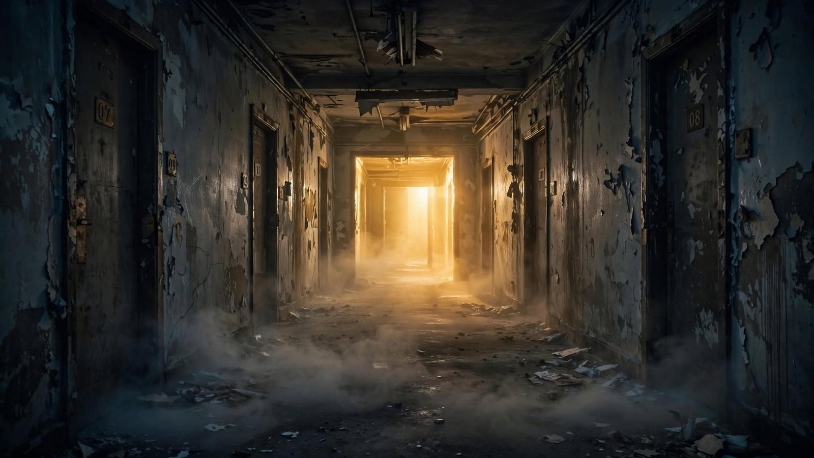 A decaying corridor, numbered doors, and a gold light that is still on.