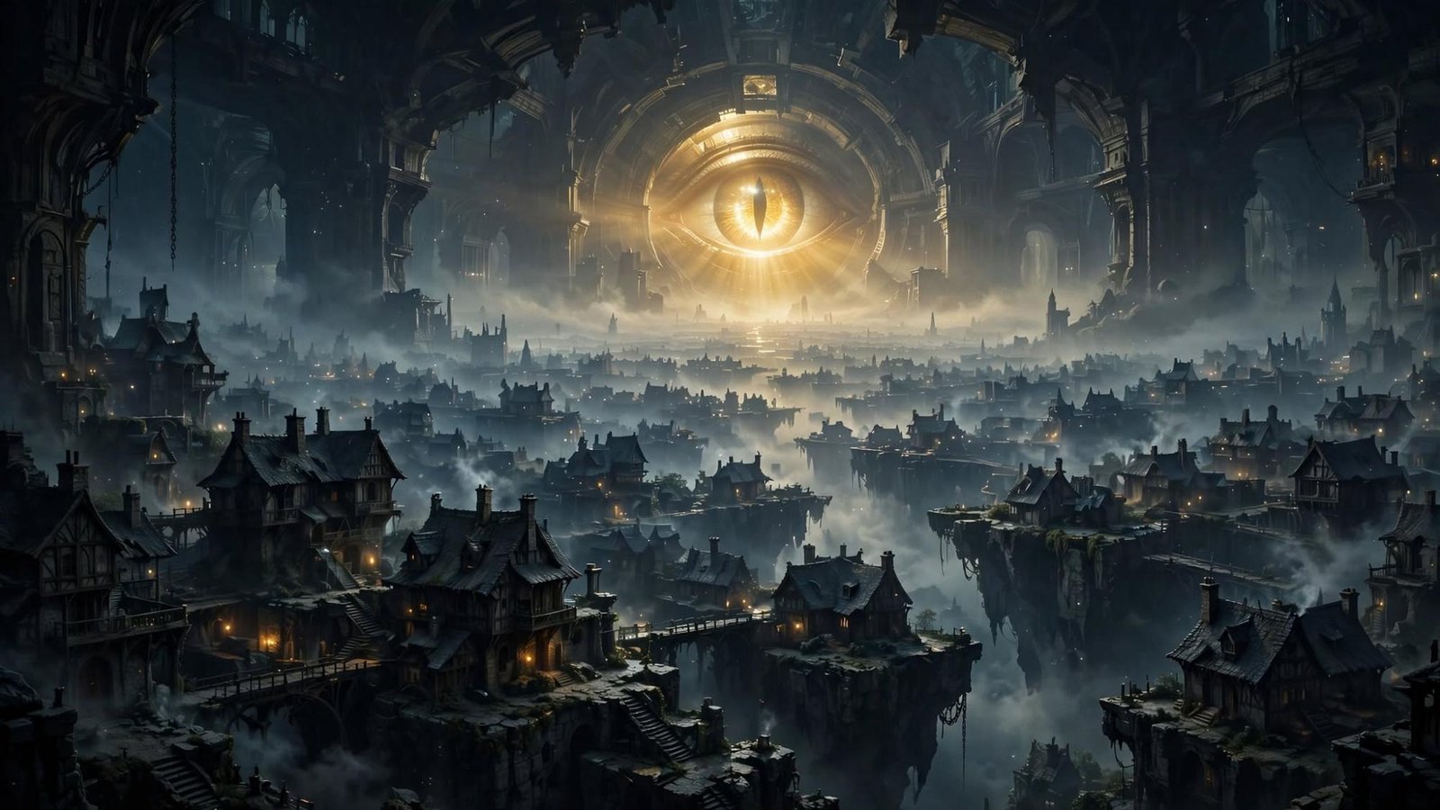 A city under a cavern, and an eye of gold above the roofs.
