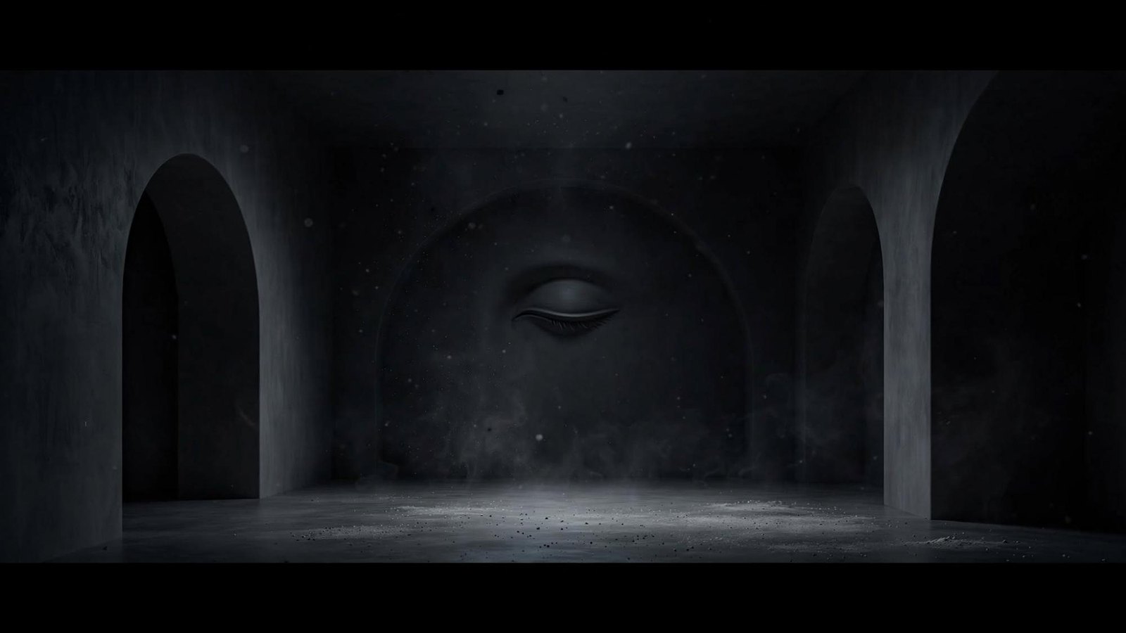 A closed eye in a dark room. The frame stays held.