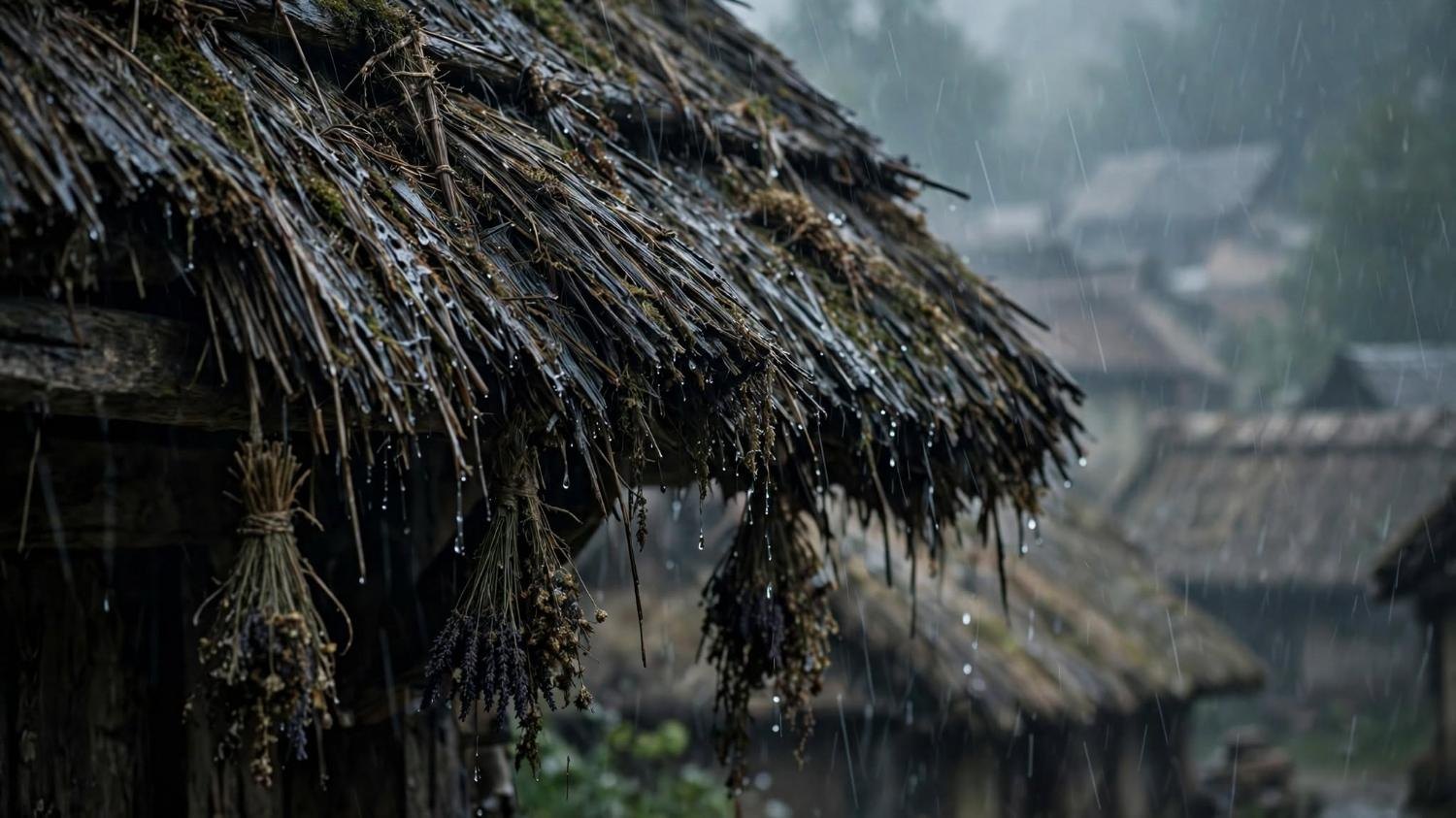 Rain on thatch. The houses behind it are closer than they were.