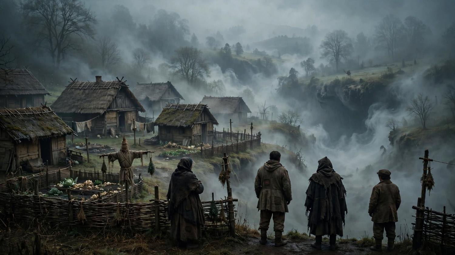 Four people and a scarecrow at a fence, looking into fog.