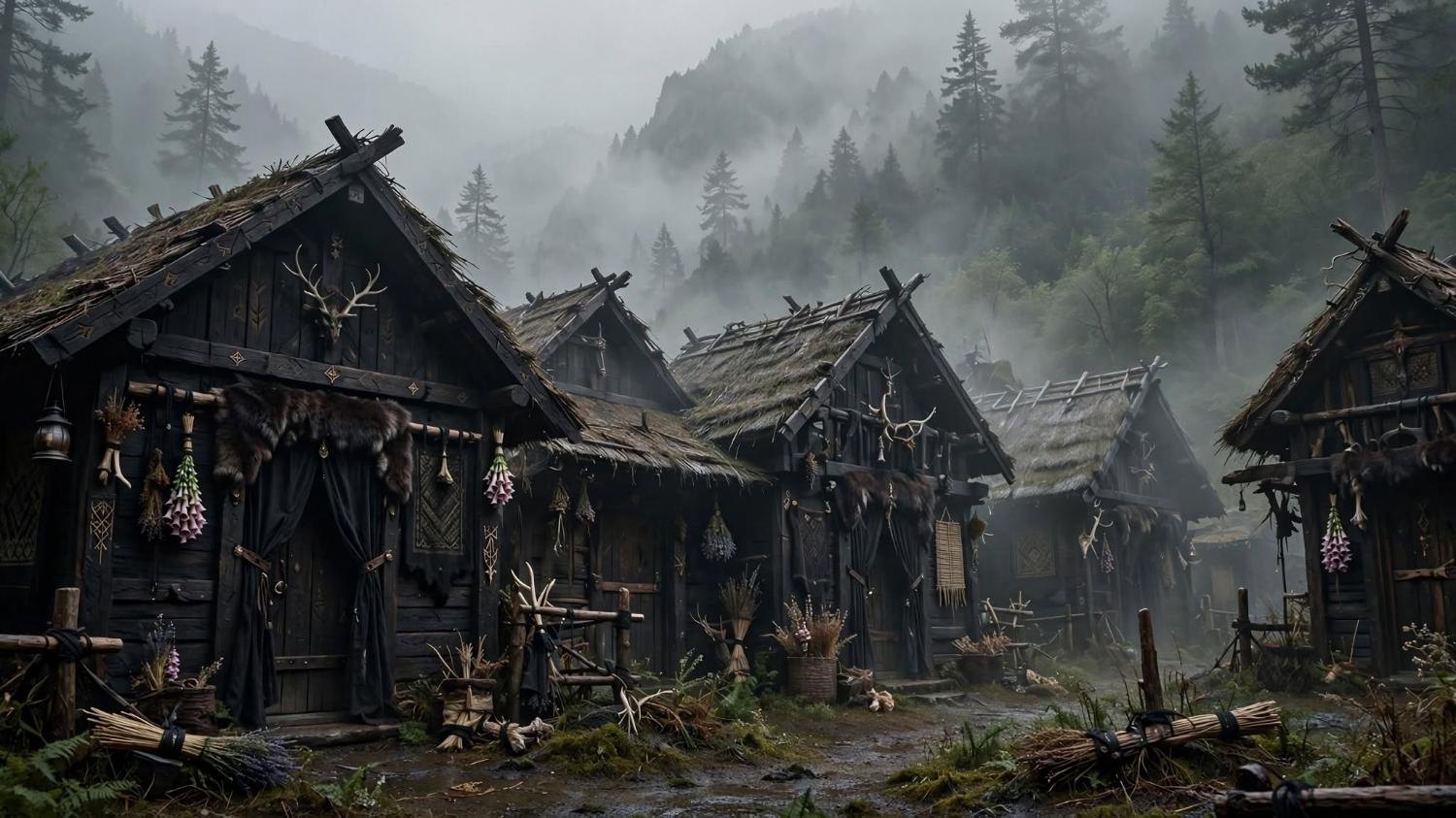 Timber houses in mountain fog, with no road drawn out.