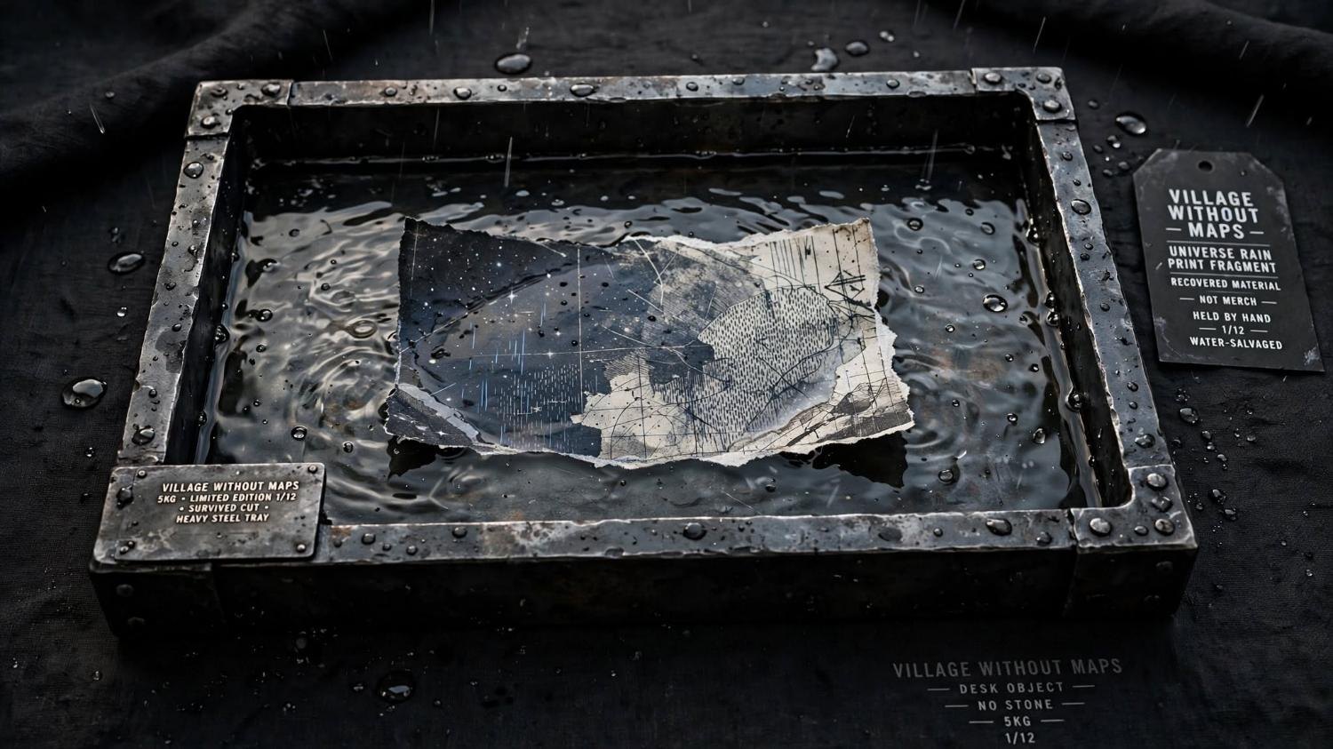 A steel tray of rain and a torn sheet that will not become a map.