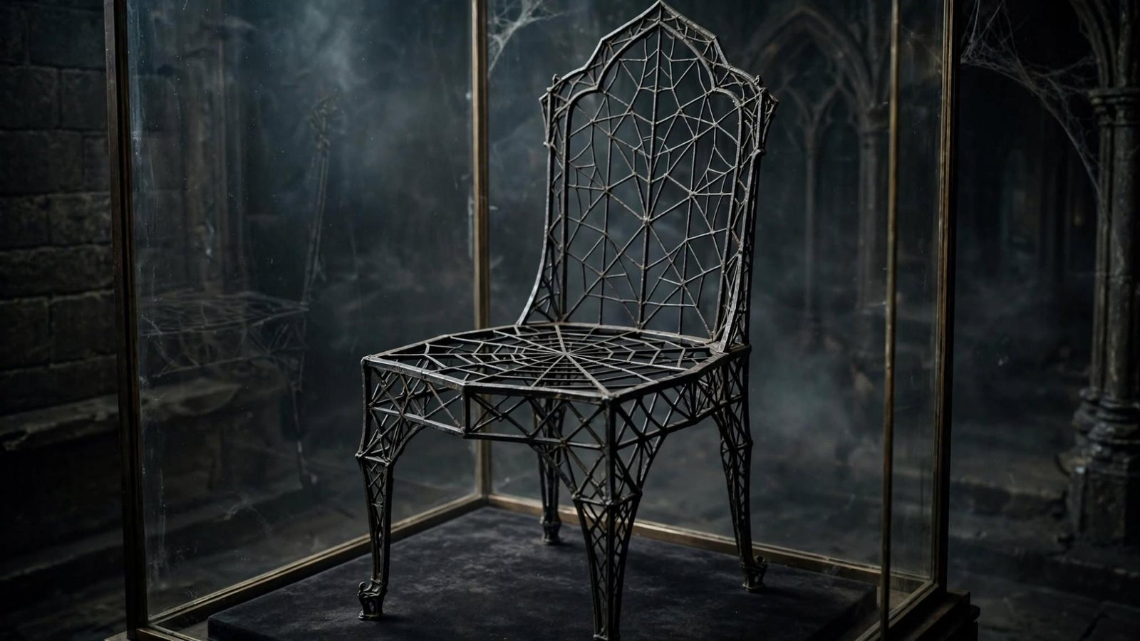 A chair of spiderweb, kept under glass.