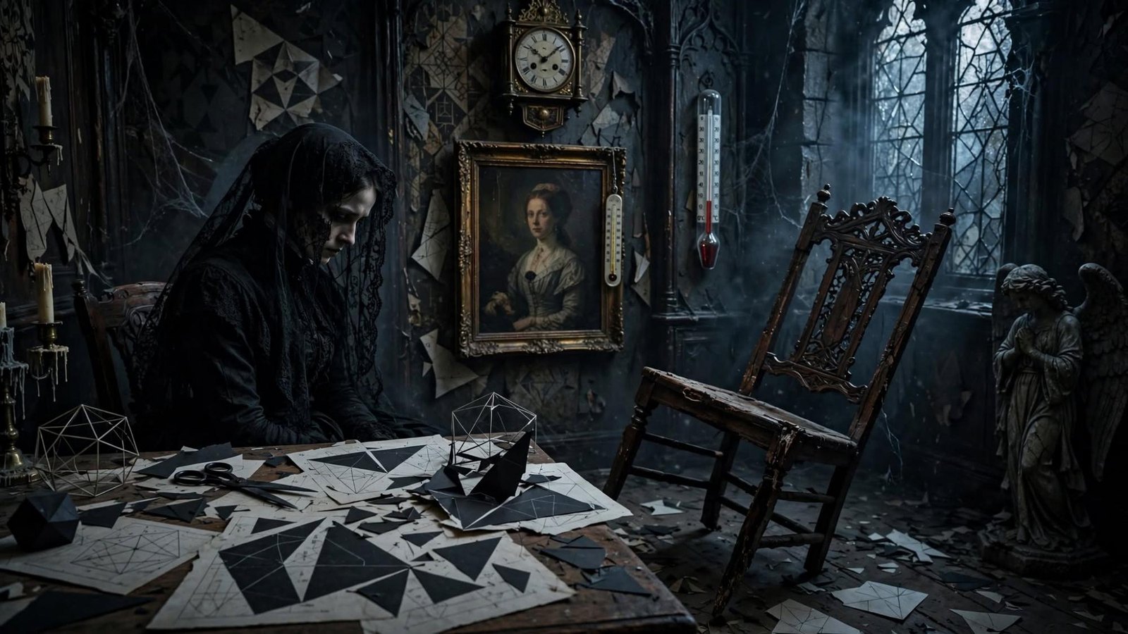 She cuts the geometry by hand. The chair waits at the edge of the table.