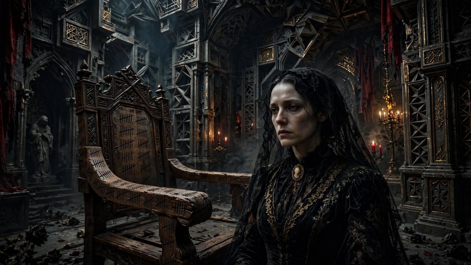 She sits beside a chair that is still keeping score.