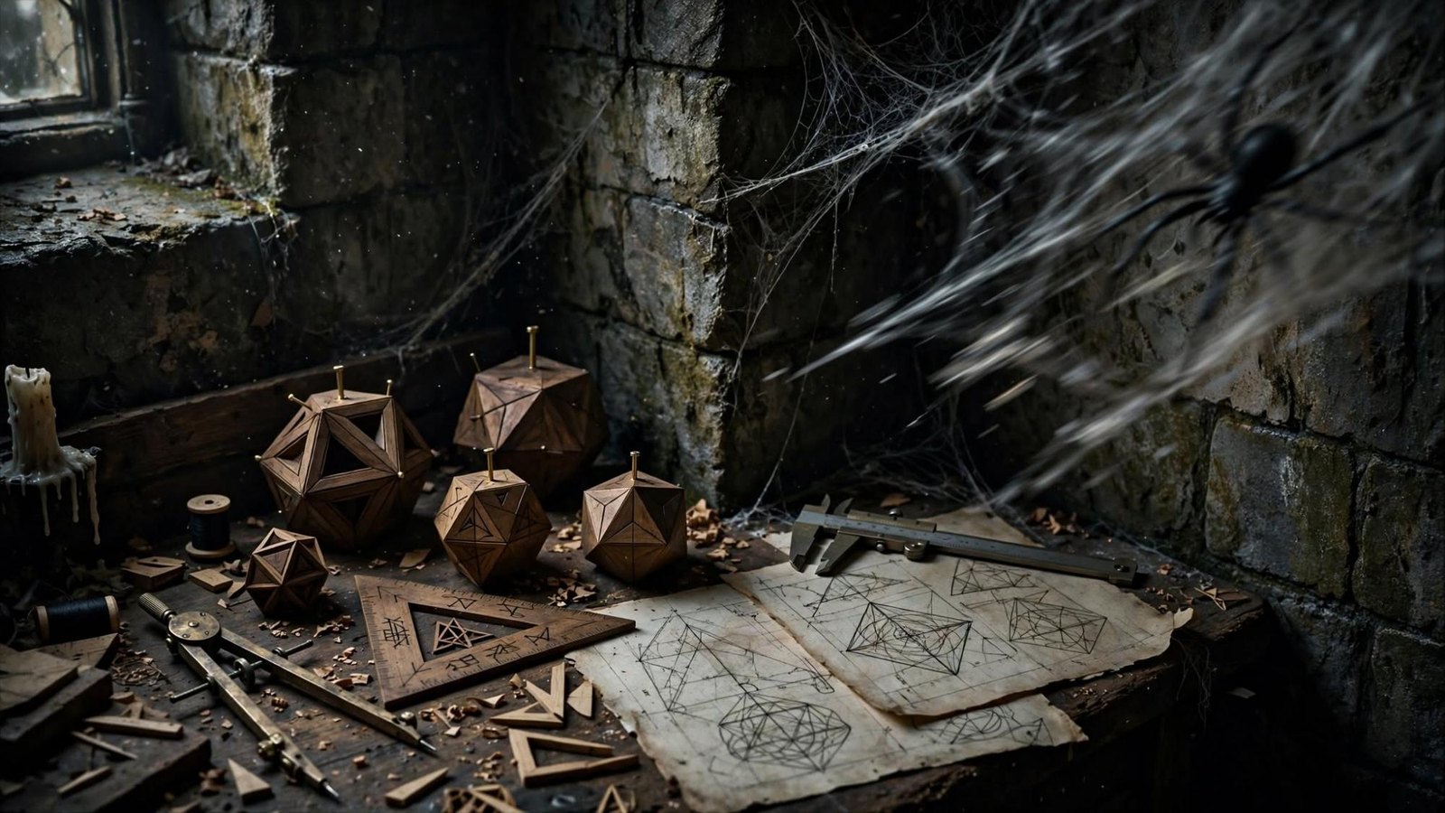 Polyhedra, rules, and a web. The angles were built before the motion.