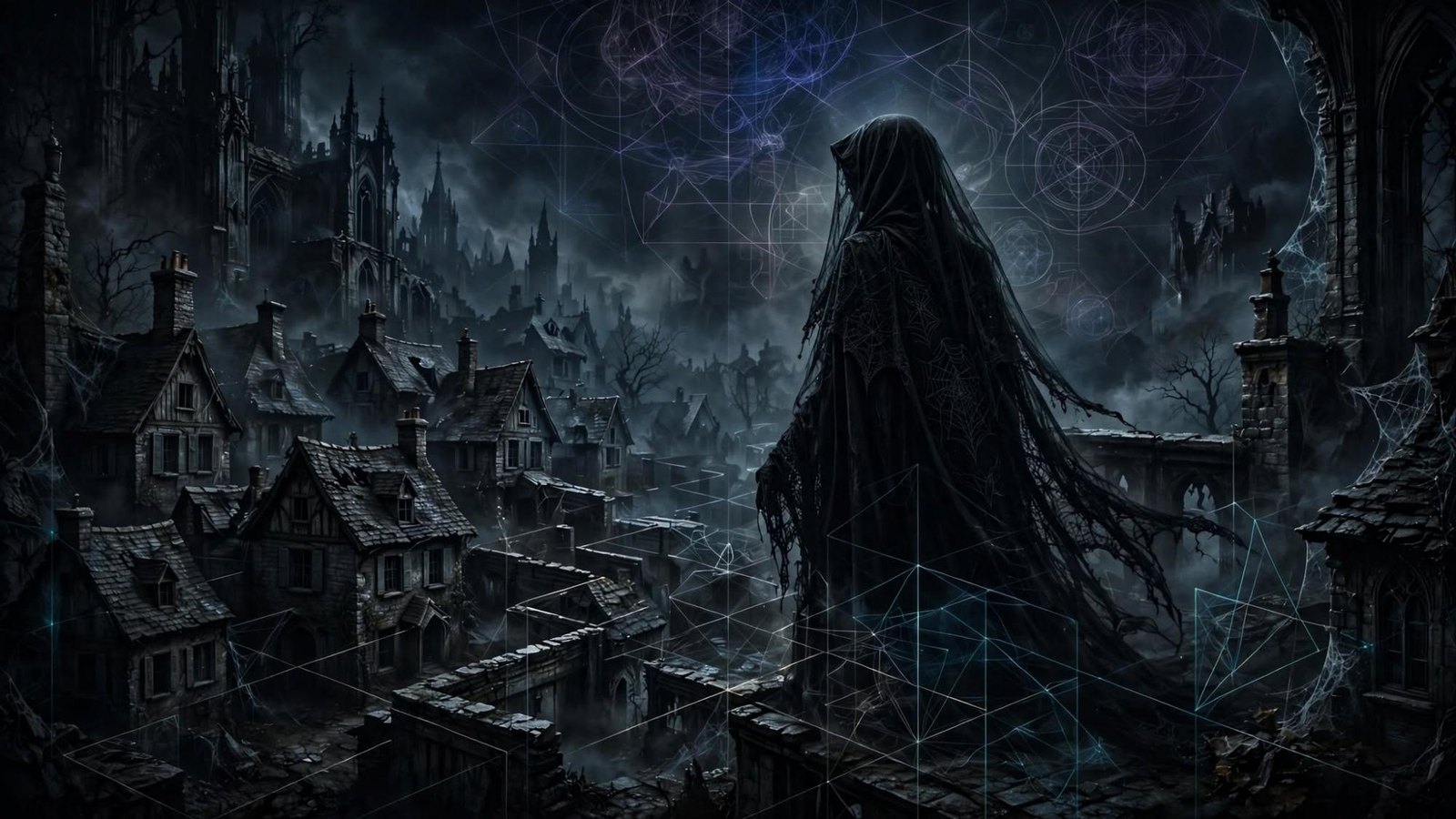 A hooded figure above a gothic town. The climate is the geometry.