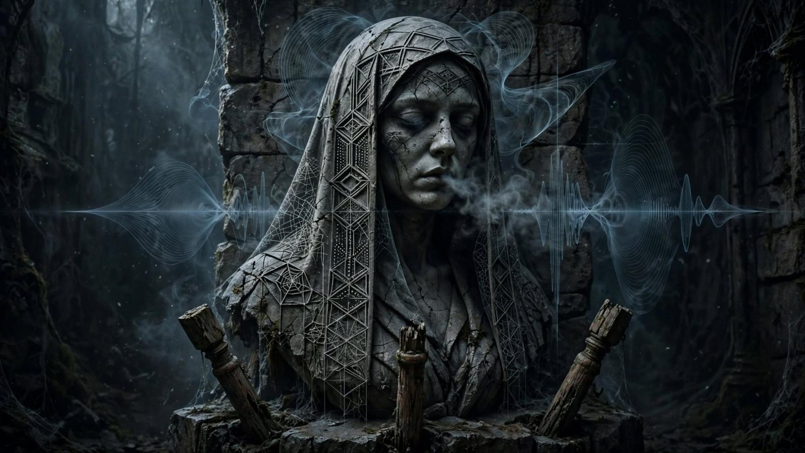 A veiled bust, and a line of sound where the breath should be.