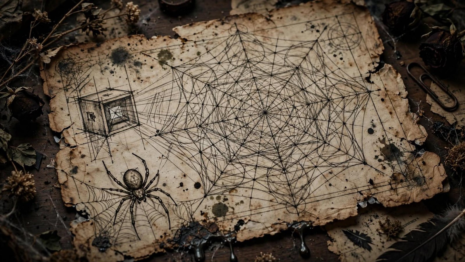 A spider and a web drawn like a diagram of the room.