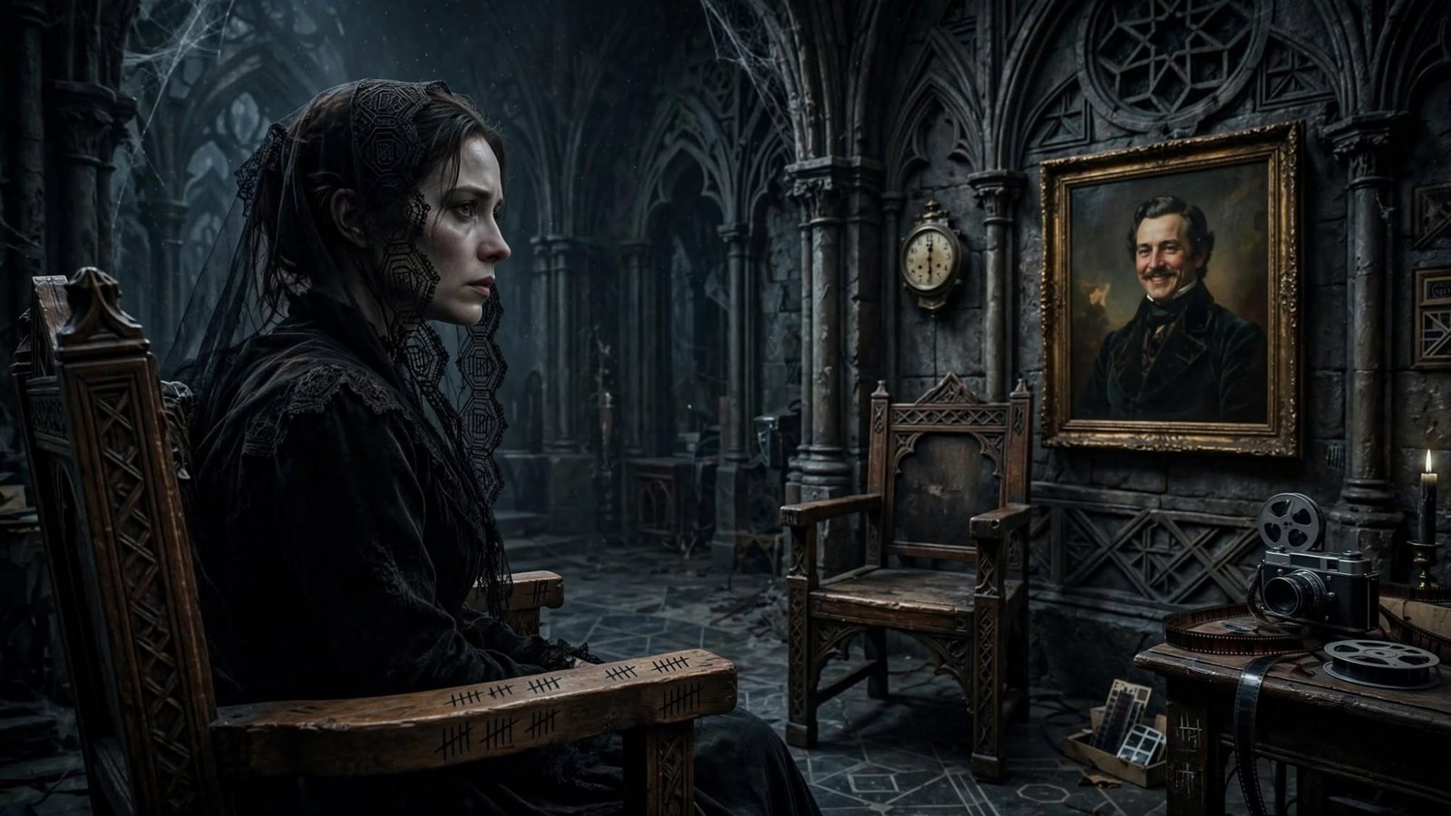 A widow in black, an empty chair, and the portrait that keeps the room.