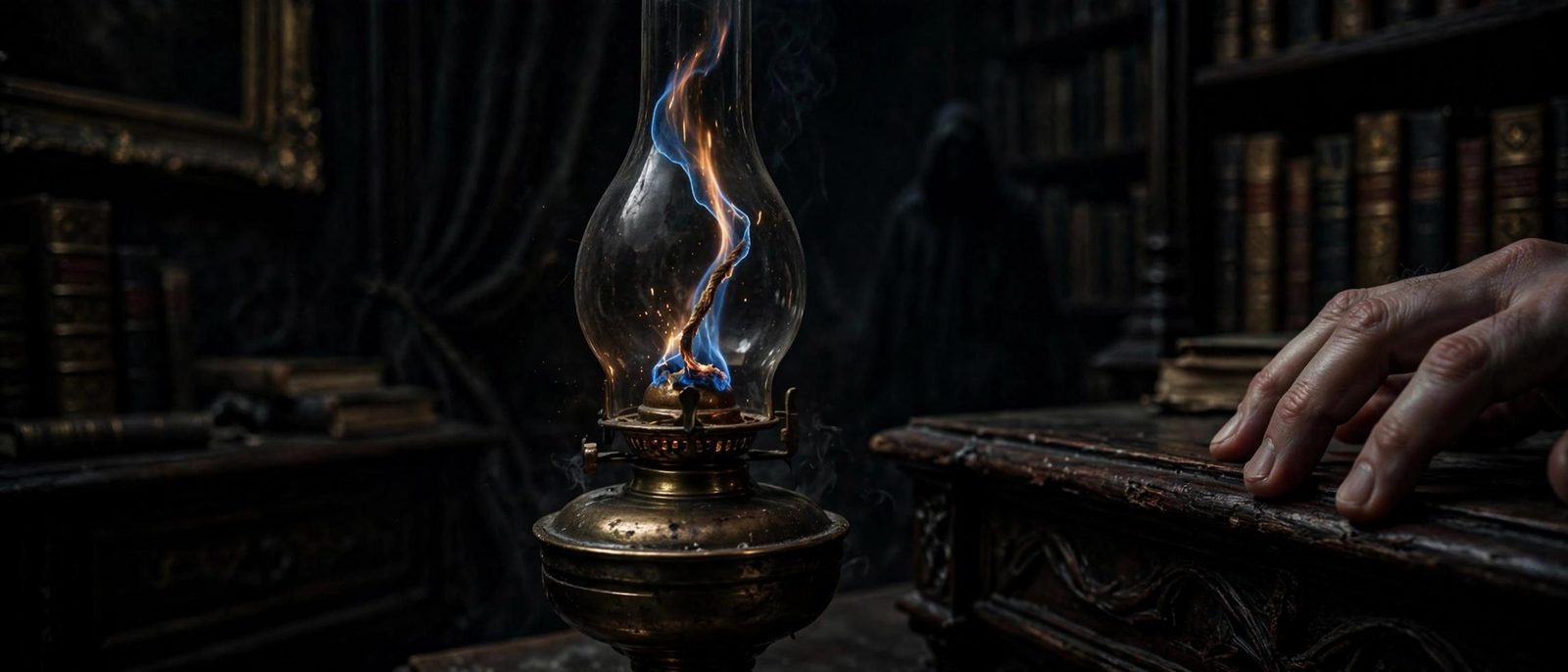 A hand beside a lamp whose flame is already thinning.