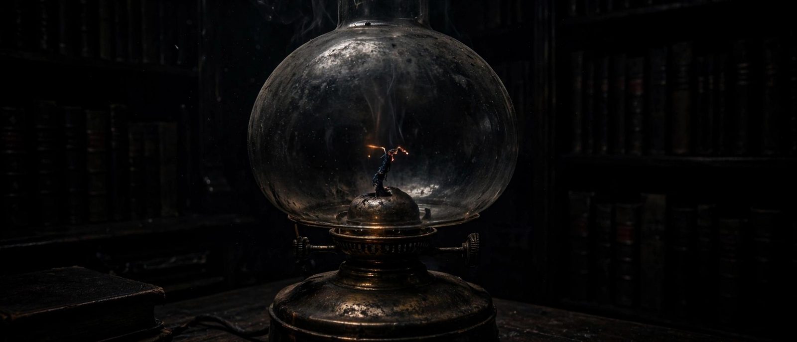 A glass lamp with a small burning figure inside the globe.