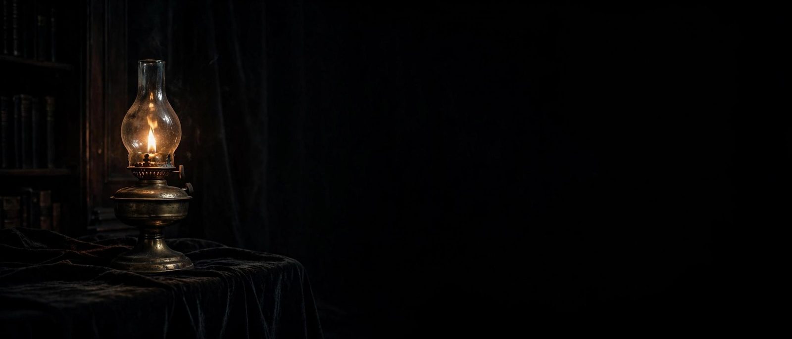 A single oil lamp on black cloth, the rest of the room already gone.