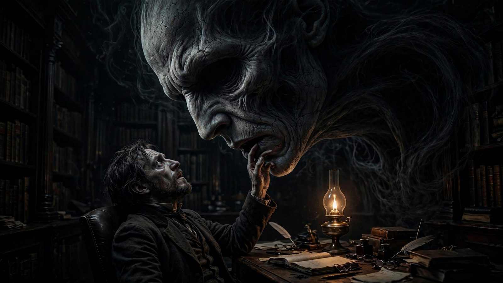 A pale face leaning out of the dark above a man at his desk.