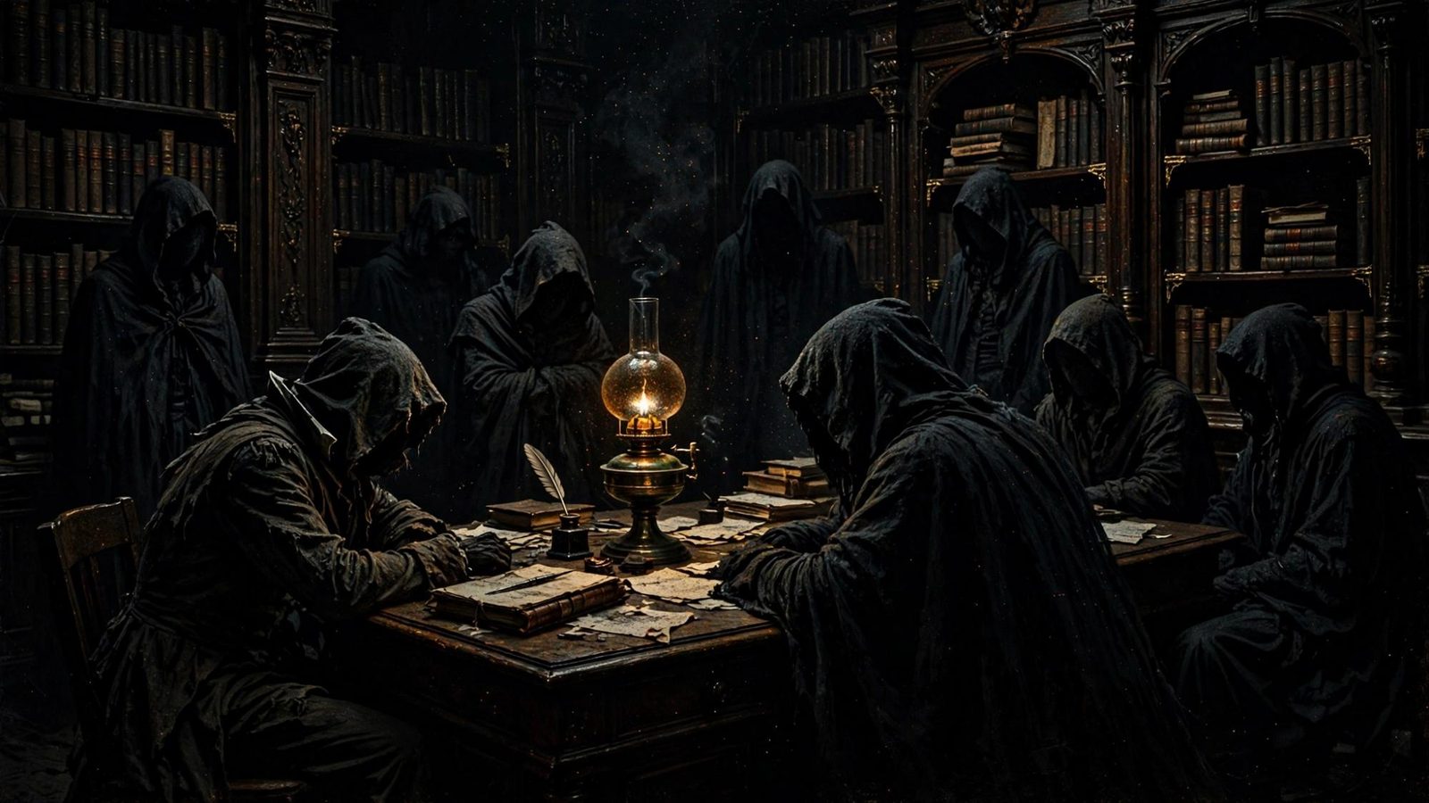 Hooded figures writing around a lamp, as if keeping the minutes of the dark.